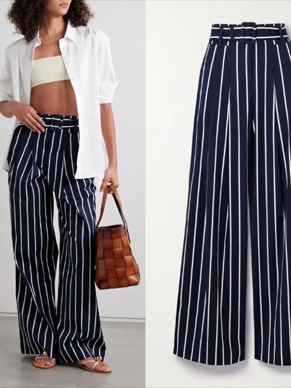 NWOT Veronica Beard Maliyah Pants Navy Stripped Belted Wide-Leg Cotton Pants